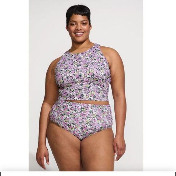 Land's End Racer Back High Neck Tankini top white multi ditzy floral Various - Picture 3 of 10